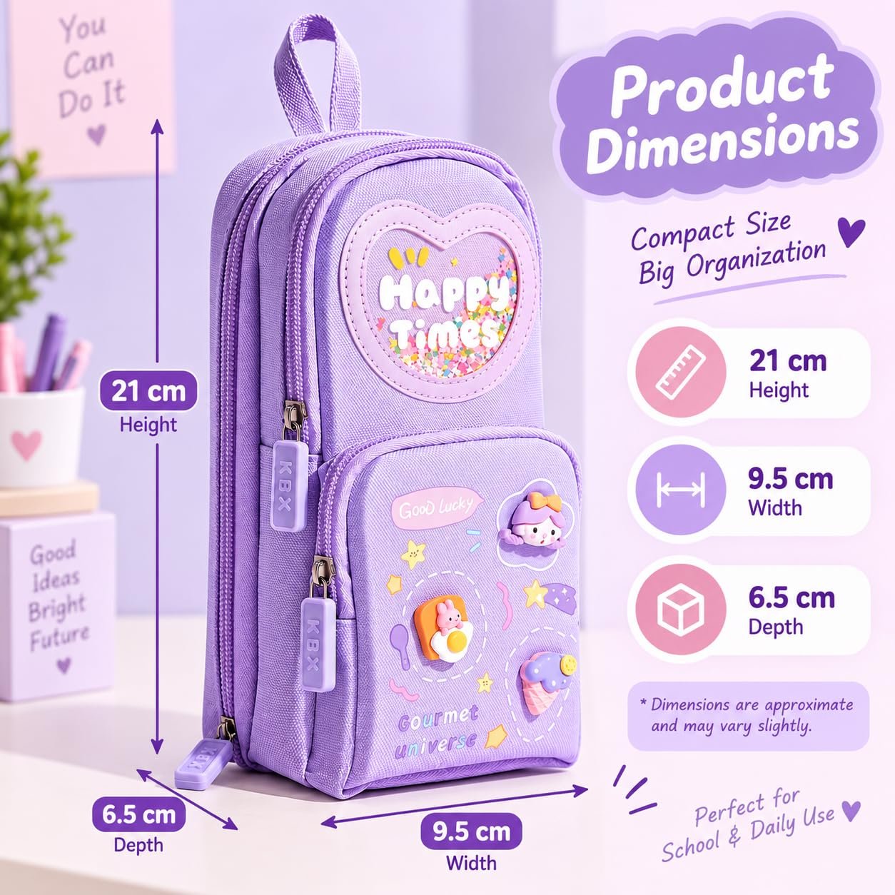 Premium 3-Layer 6-Compartment Pencil Pouch for Girls, Large Capacity Pencil Case with 6 Pen Slots, Multi-Pocket Stationery Organizer for School Kids, Purple product image 2