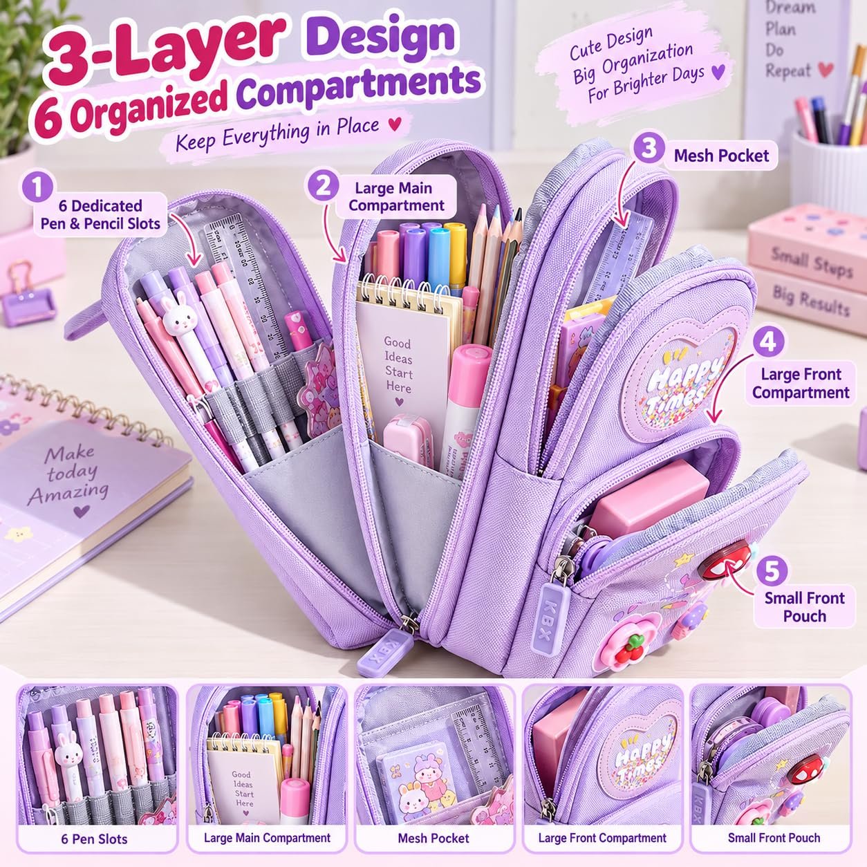 Premium 3-Layer 6-Compartment Pencil Pouch for Girls, Large Capacity Pencil Case with 6 Pen Slots, Multi-Pocket Stationery Organizer for School Kids, Purple product image 4